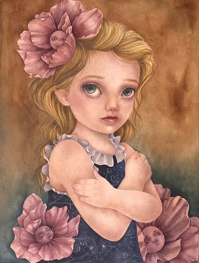 Ilustración de una niña rodeada de flores